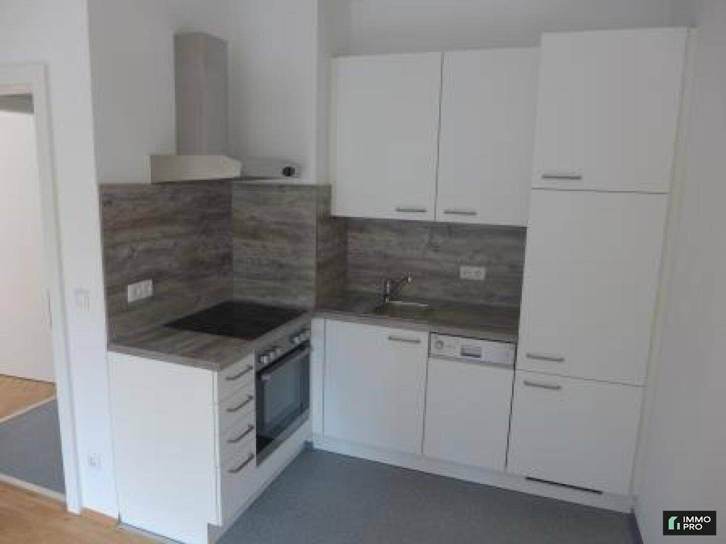 Moderne Einbauküche mit weißen Schränken, Kochfeld, Backofen und Geschirrspüler.