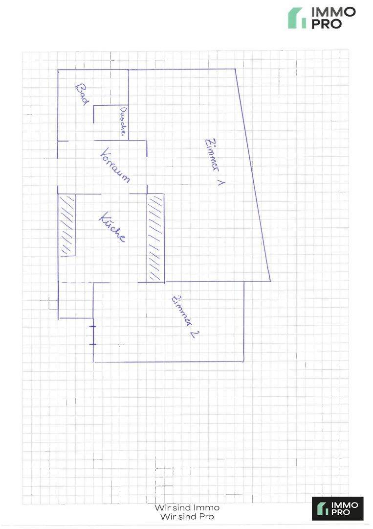 Handgezeichneter Grundrissplan zeigt die Aufteilung einer Wohnung mit Küche, Bad, Dusche, Vorraum und zwei weiteren Zimmern.