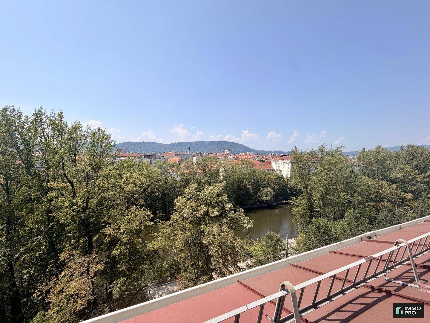 Weitläufiger Blick von der Terrasse auf den Fluss, grüne Bäume und die Stadt im Hintergrund.