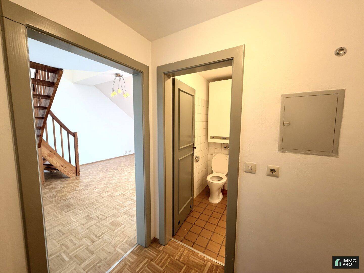 Eingangsbereich mit Parkettboden und Zugang zum Wohnzimmer und Badezimmer.