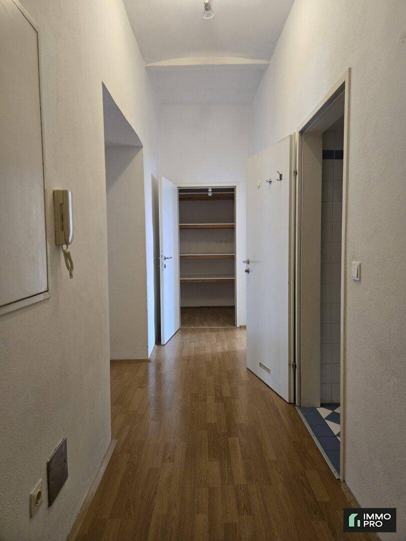 Heller Flur mit Holzparkettboden und Zugang zu verschiedenen Räumen und einem Abstellbereich.