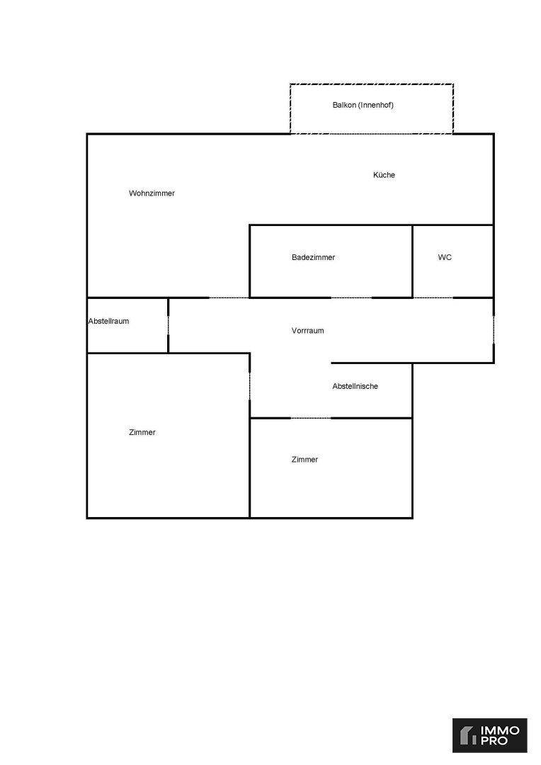 Grundriss der Wohnung mit Wohnzimmer, Küche, Bad, WC und zwei weiteren Zimmern.