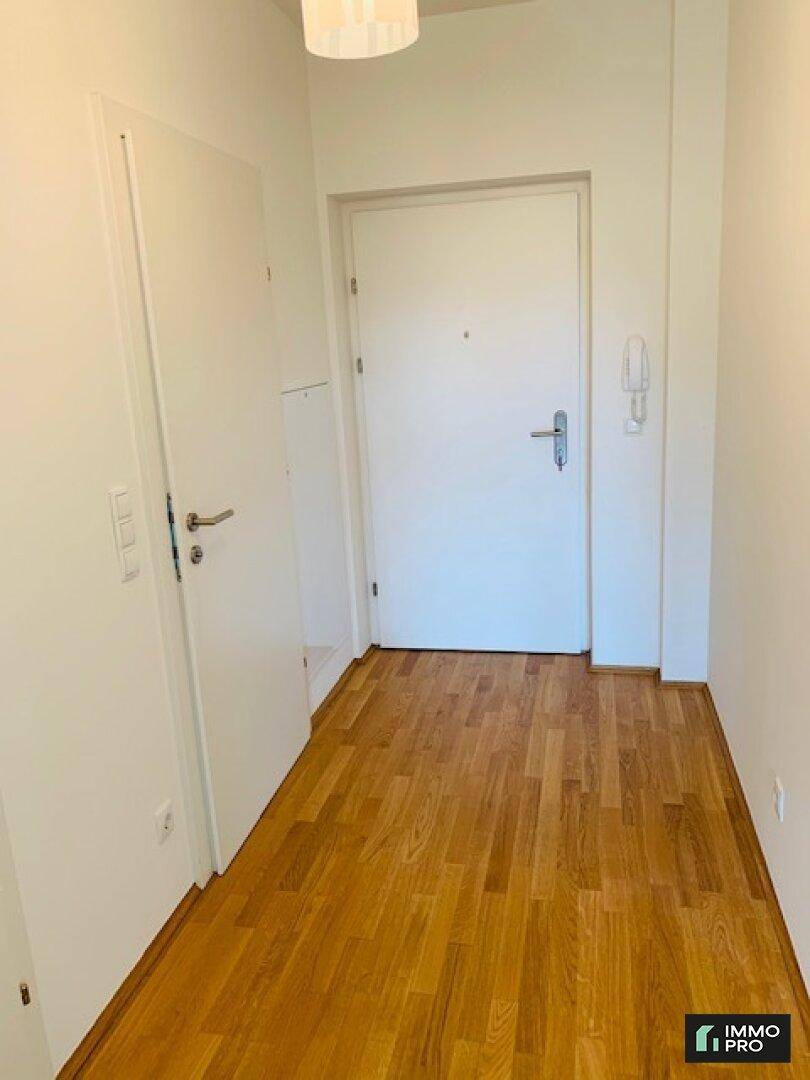 Heller Eingangsbereich mit Holzboden, weißer Tür und Gegensprechanlage.