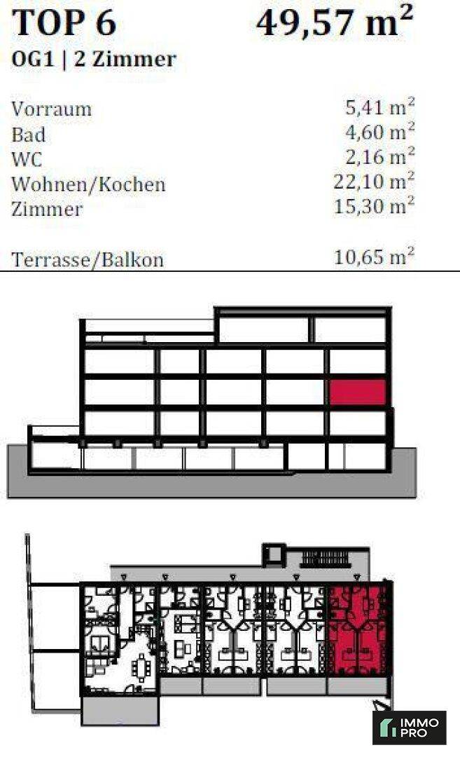 Übersicht des Grundrisses TOP 6 mit 49,57 m² und der Lage im Gebäude.