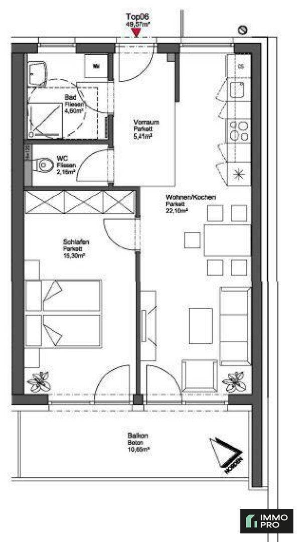 Detaillierter Grundriss der Wohnung TOP 06 mit Zimmeraufteilung, Bad, WC und Balkon.