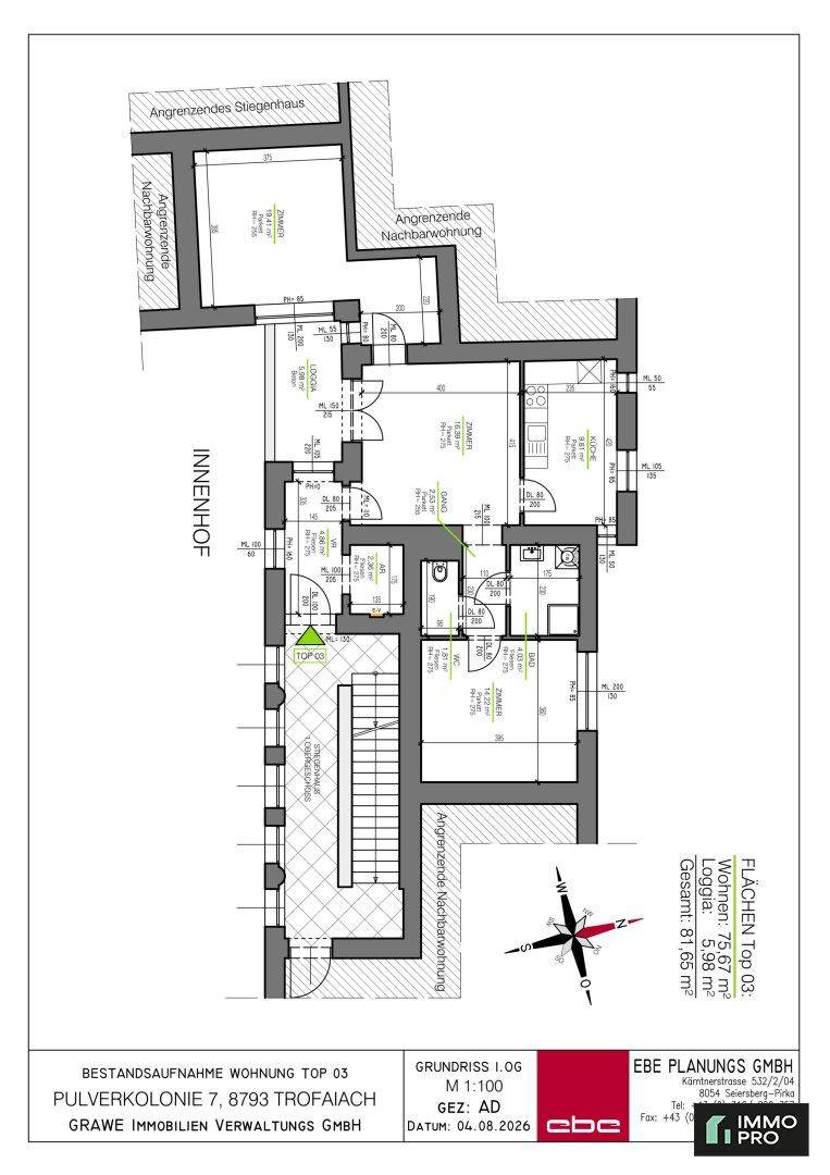 Detaillierter Grundriss der Wohnung Top 03 mit offener Wohnküche, Loggia, separatem WC und Bad.