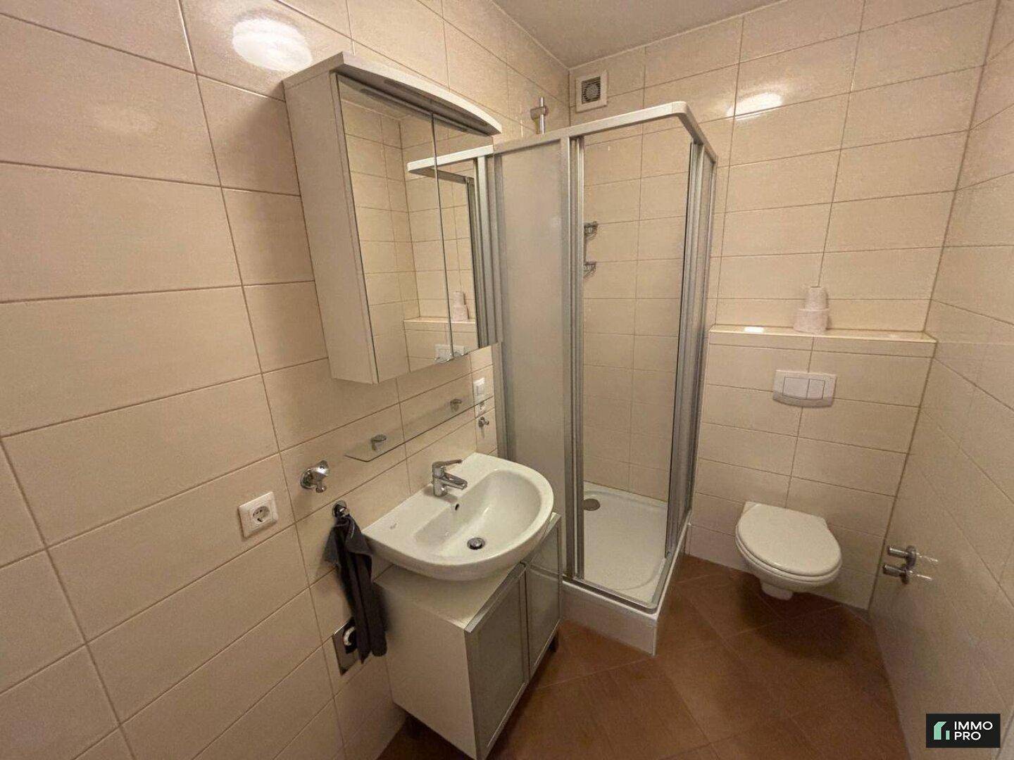 Gefliestes Badezimmer mit Duschkabine, Waschbecken und WC.