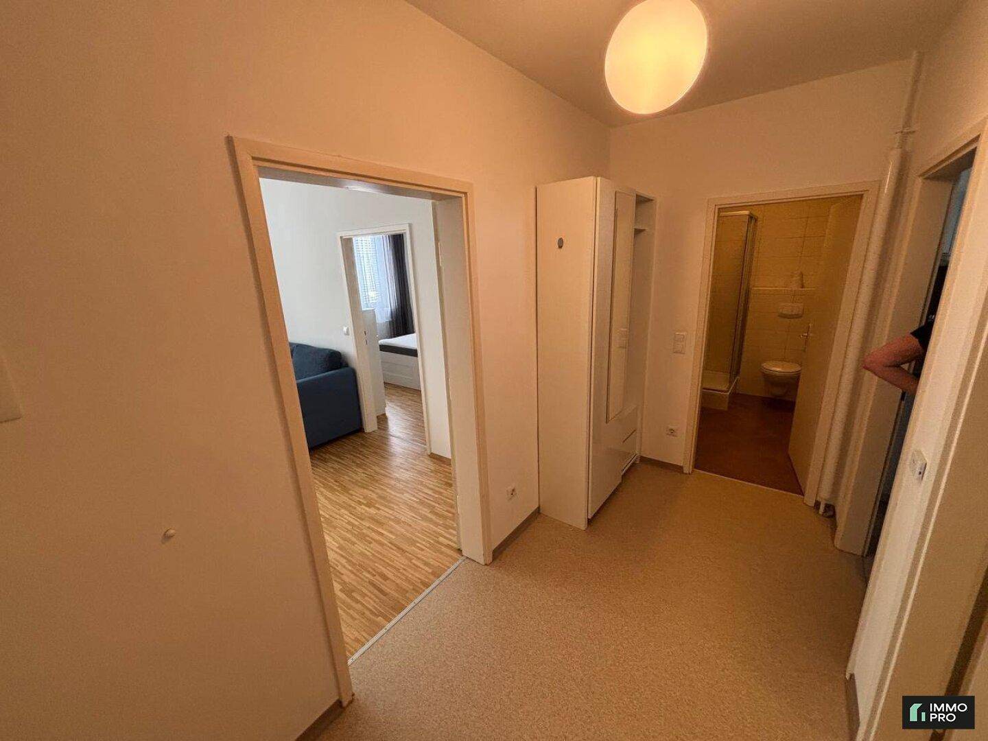 Heller Flur mit Garderobenschrank und Zugang zu weiteren Zimmern.