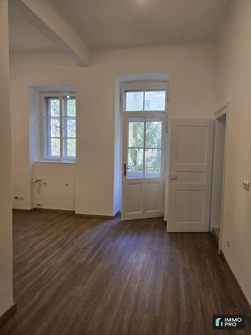 Geräumiger Flur mit modernem Laminatboden und einer Tür, die nach draußen oder in einen anderen Bereich führt.