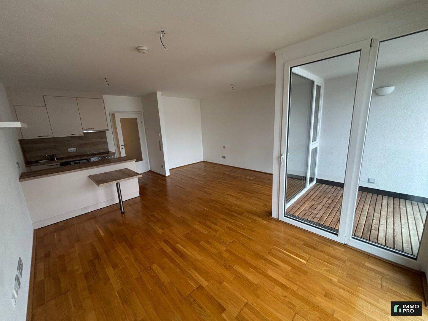 Geräumiger Wohnbereich mit integrierter Küche und direktem Zugang zum Balkon.