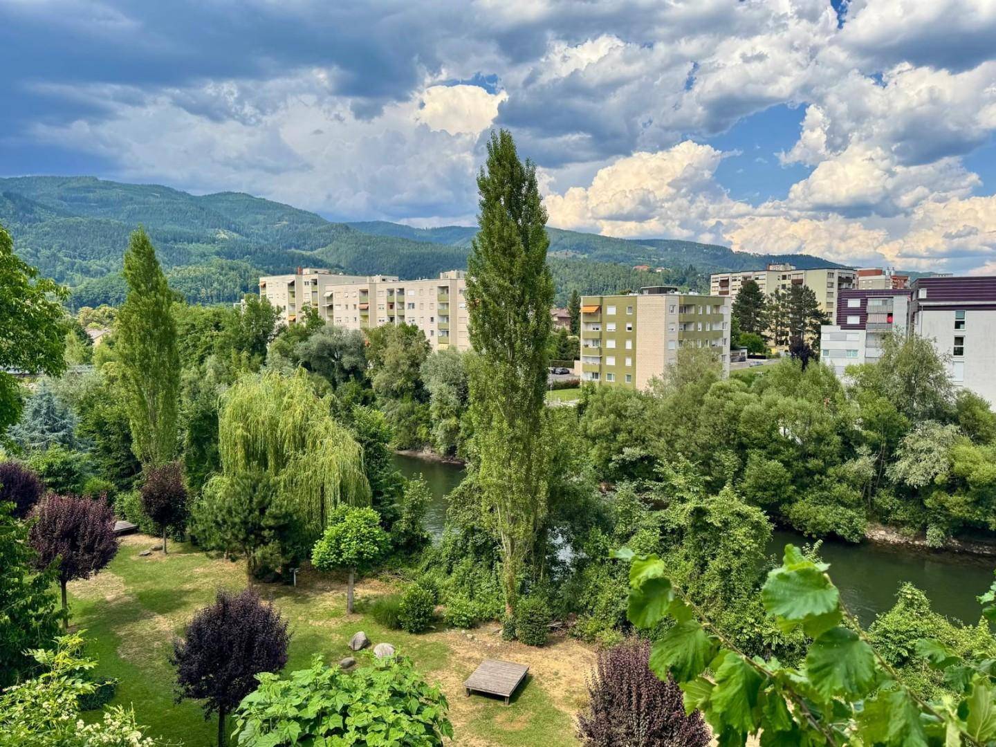 Panoramablick auf eine Flusslandschaft mit üppiger Vegetation und städtischer Bebauung im Hintergrund.