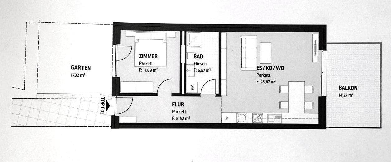 Grundriss einer Wohnung mit Garten, Balkon, Schlafzimmer, Bad und offenem Wohnbereich.