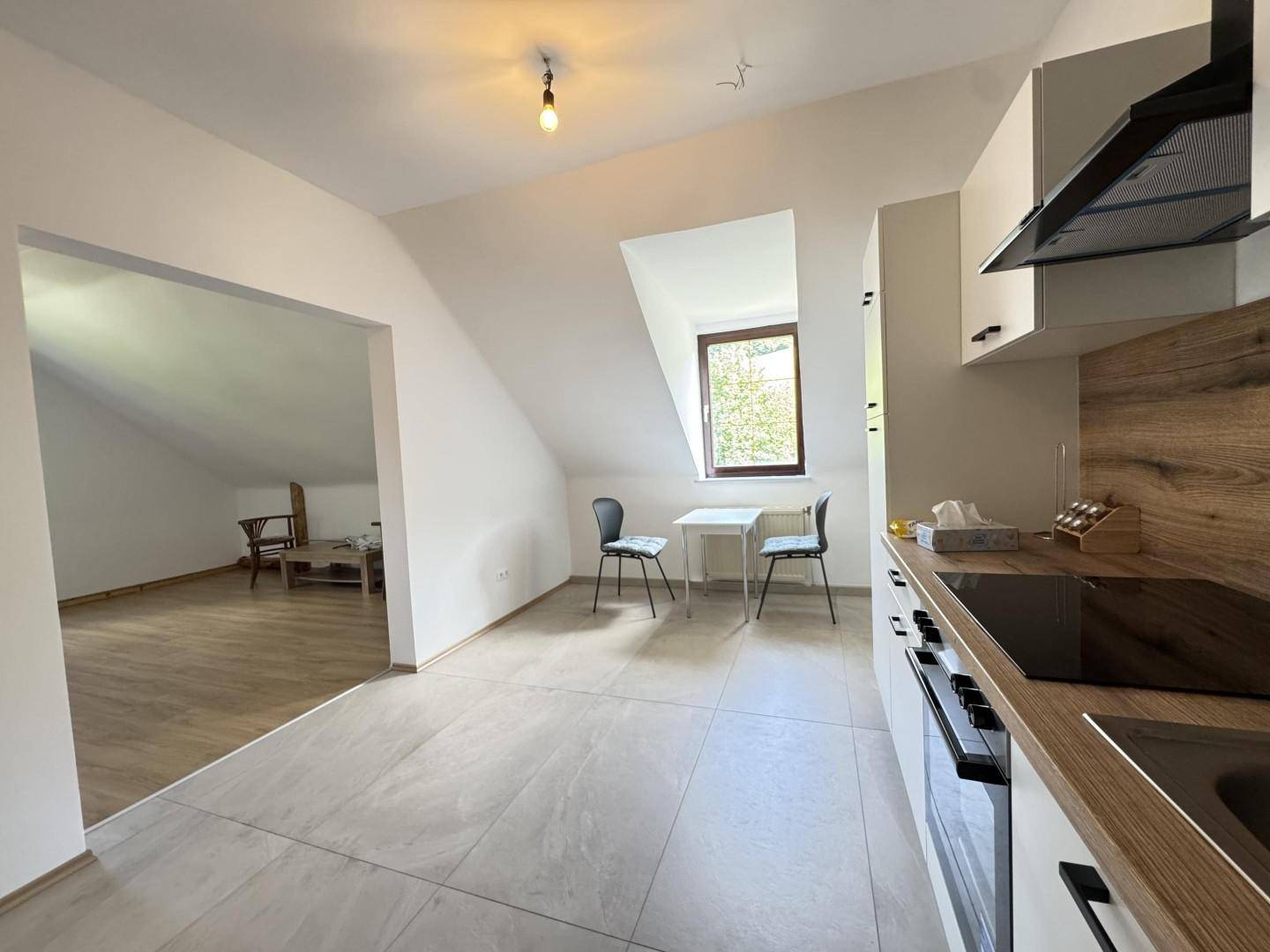 Blick von der Küche in den angrenzenden Wohnbereich mit Holzboden und schrägen Decken.