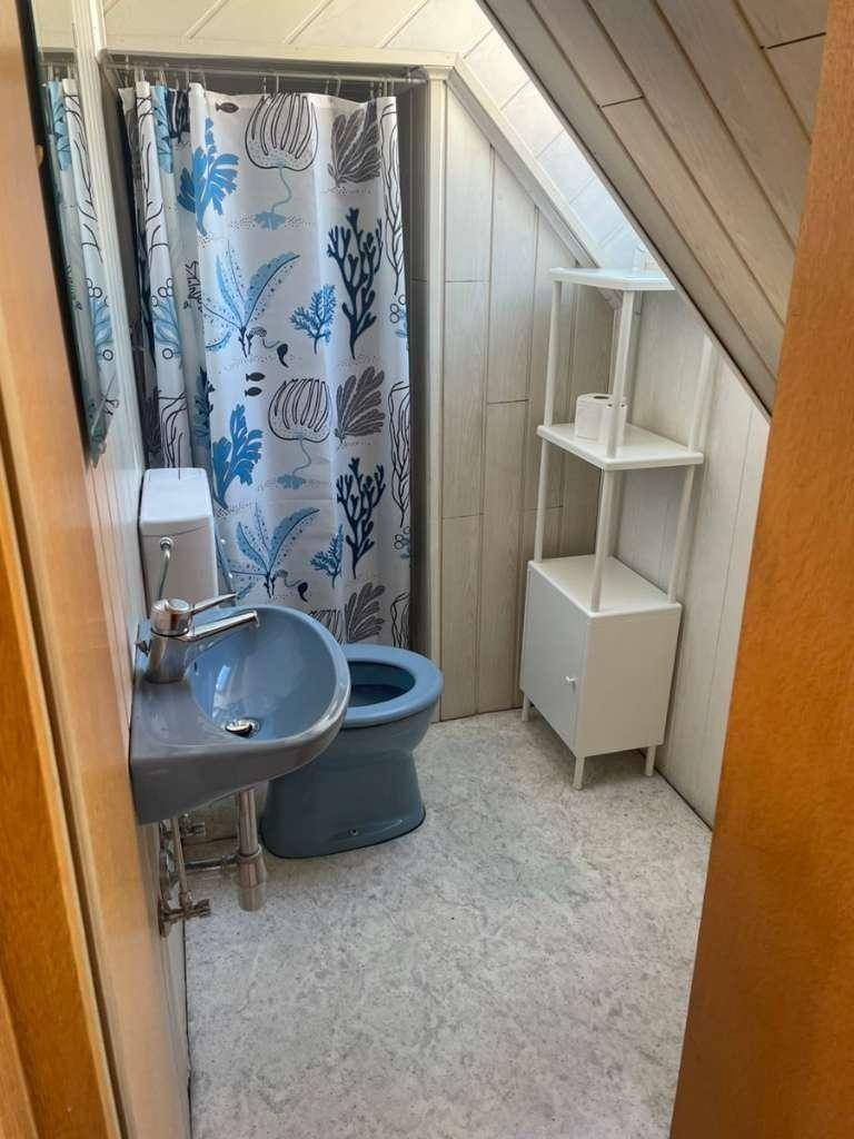 Badezimmer mit blauer Toilette und Waschbecken, Duschvorhang und einer praktischen Ablage unter der Dachschräge.
