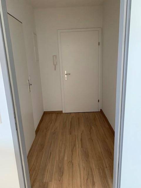 Heller Eingangsbereich mit Laminatboden und weißer Tür, der zu den Wohnräumen führt.