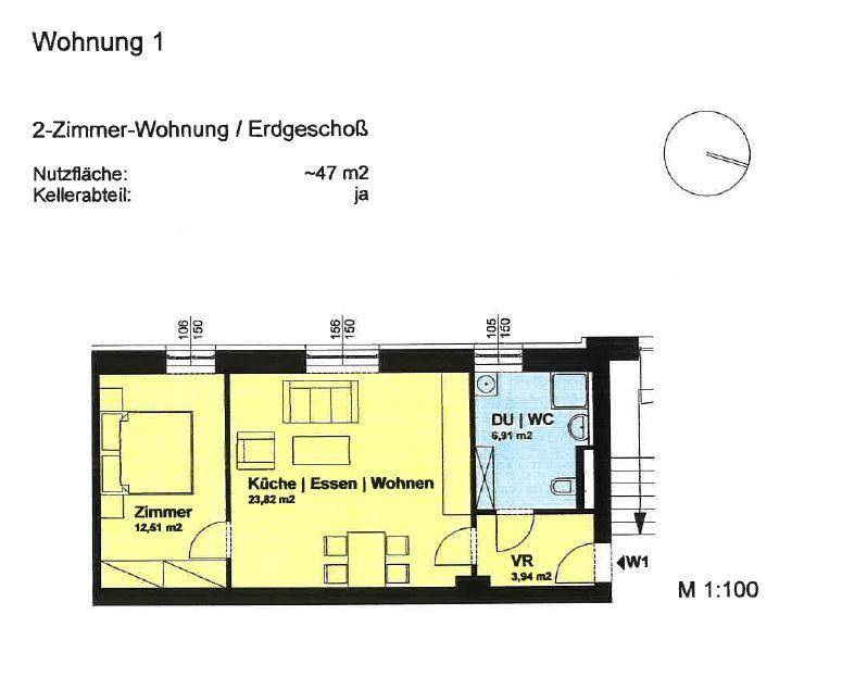 Grundriss einer 2-Zimmer-Wohnung im Erdgeschoss mit offenem Wohn-Essbereich und Kellerabteil.