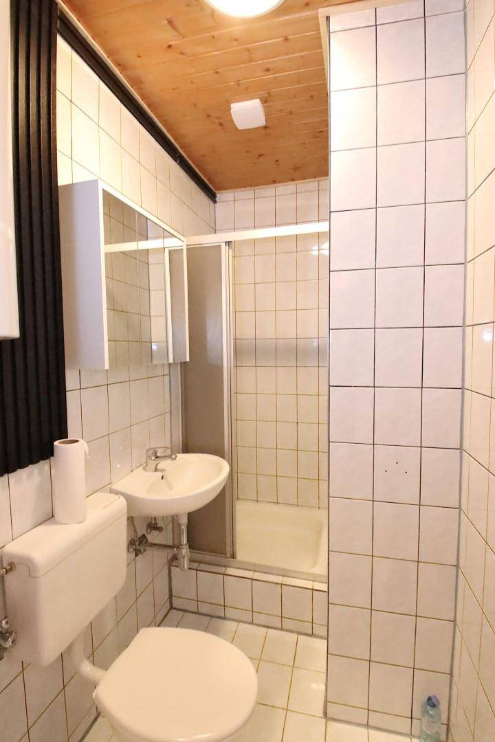 Gefliestes Badezimmer mit Toilette, Waschbecken, Spiegelschrank und Duschkabine unter einer Holzdecke.