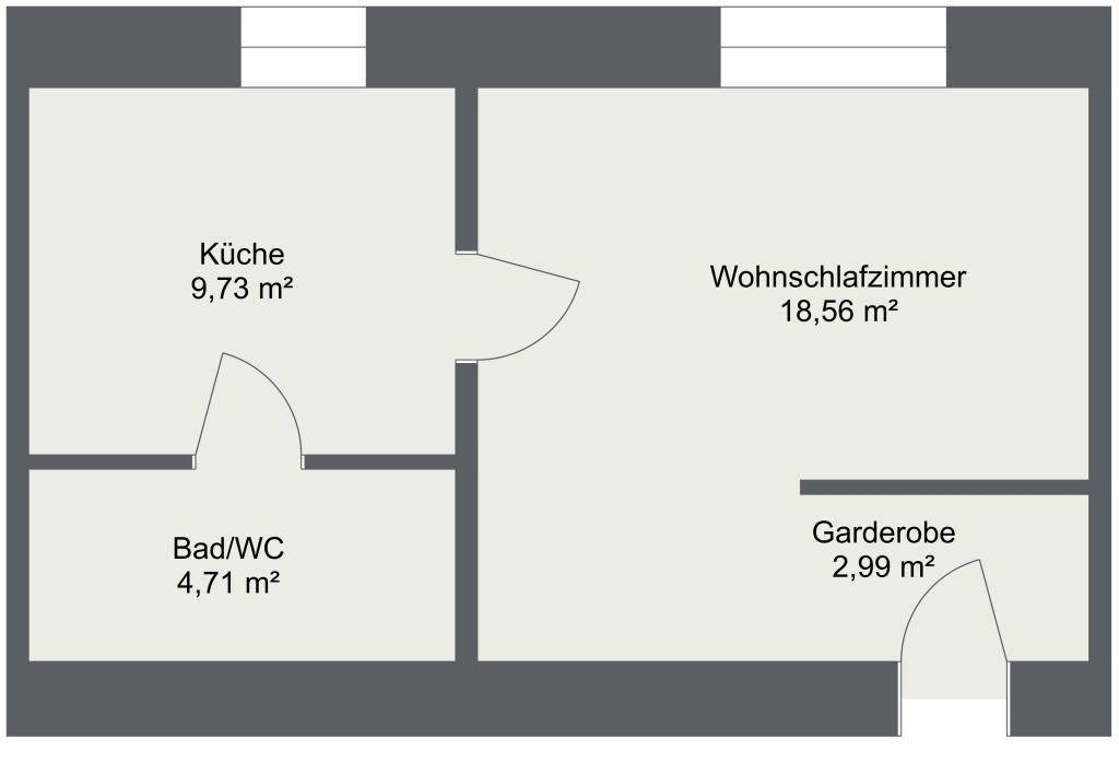 Übersichtlicher Grundriss einer Wohnung mit Küche, Wohnschlafzimmer, Bad/WC und Garderobe.