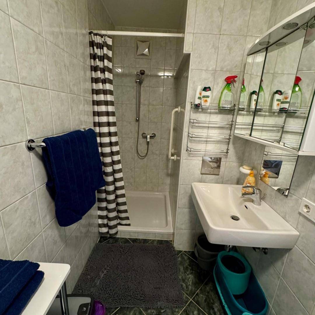 Gefliestes Badezimmer mit Duschkabine, Waschbecken, Spiegelschrank und praktischen Haltegriffen.
