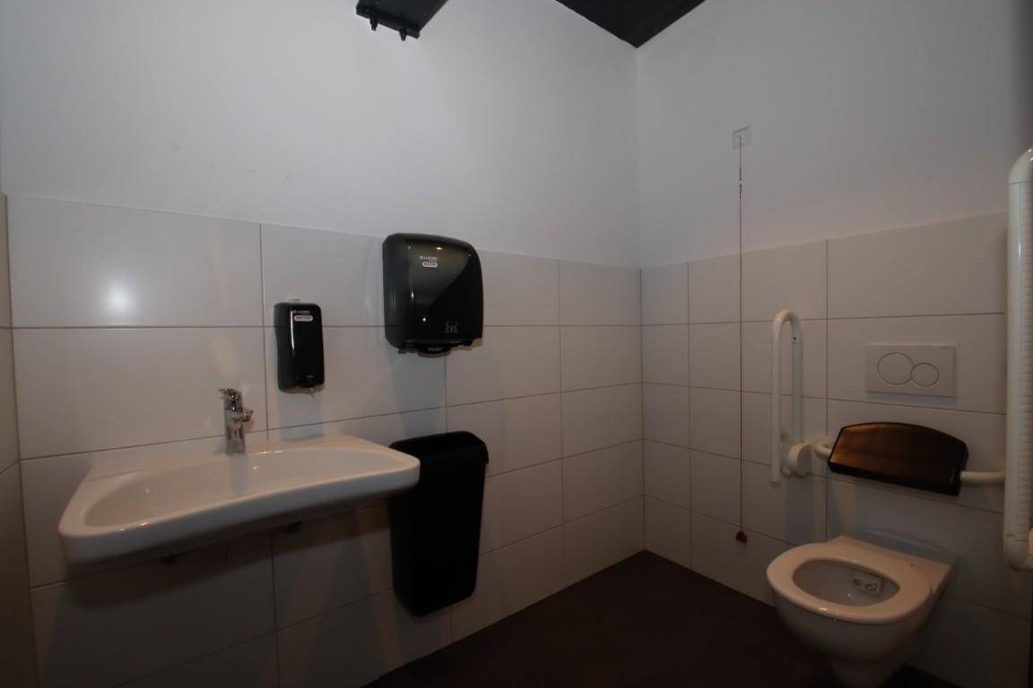 Barrierefreie Toilette mit Haltegriffen, Waschbecken und Seifenspender in weiß-schwarzem Design.