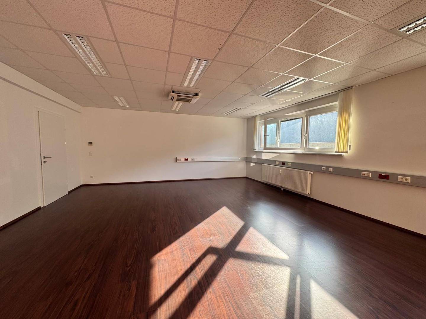 Heller Büroraum mit dunklem Laminatboden, weißen Wänden und Deckenbeleuchtung, ideal für verschiedene Geschäftsnutzungen.