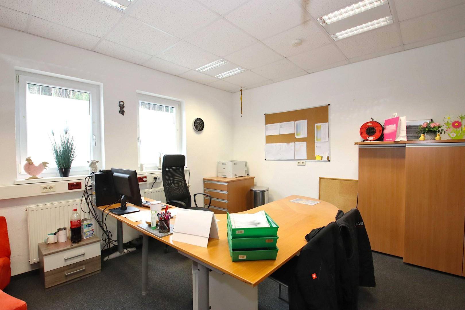 Modern eingerichtetes Büro mit Teppichboden, zwei Fenstern und einem großen Schreibtisch.