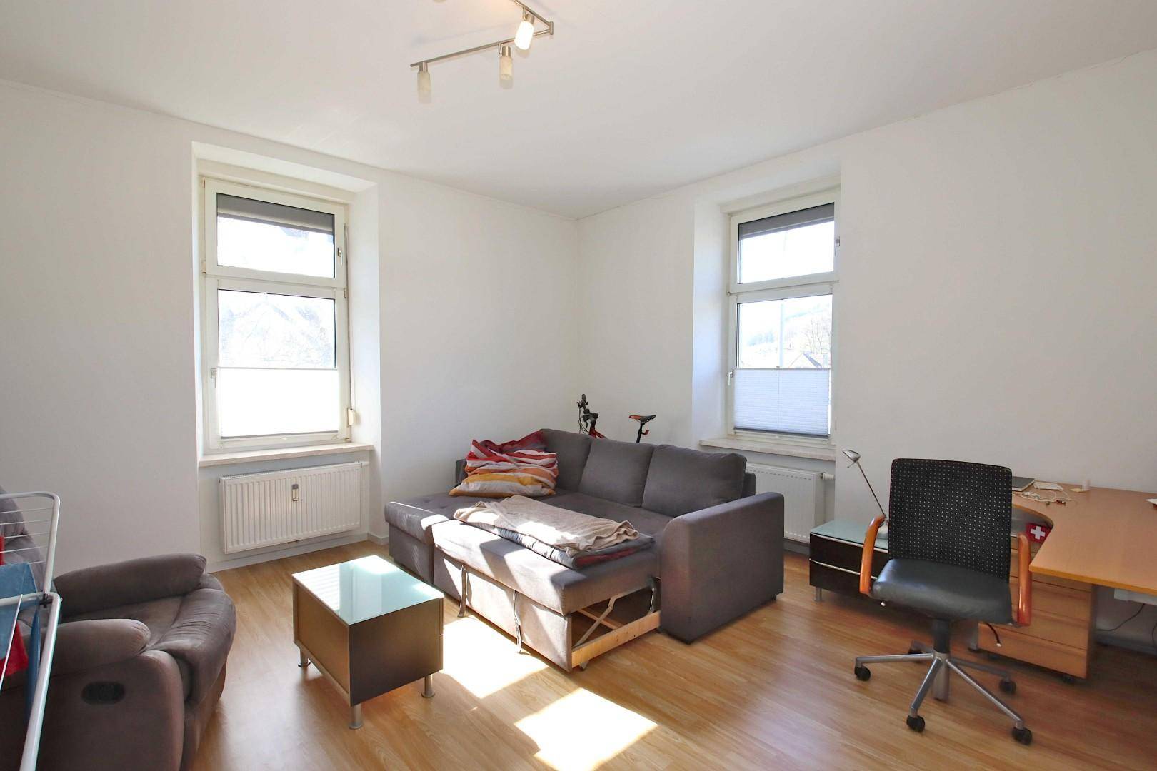 Gemütliches Wohnzimmer mit Schlafsofa, Schreibtisch und hellem Laminatboden.