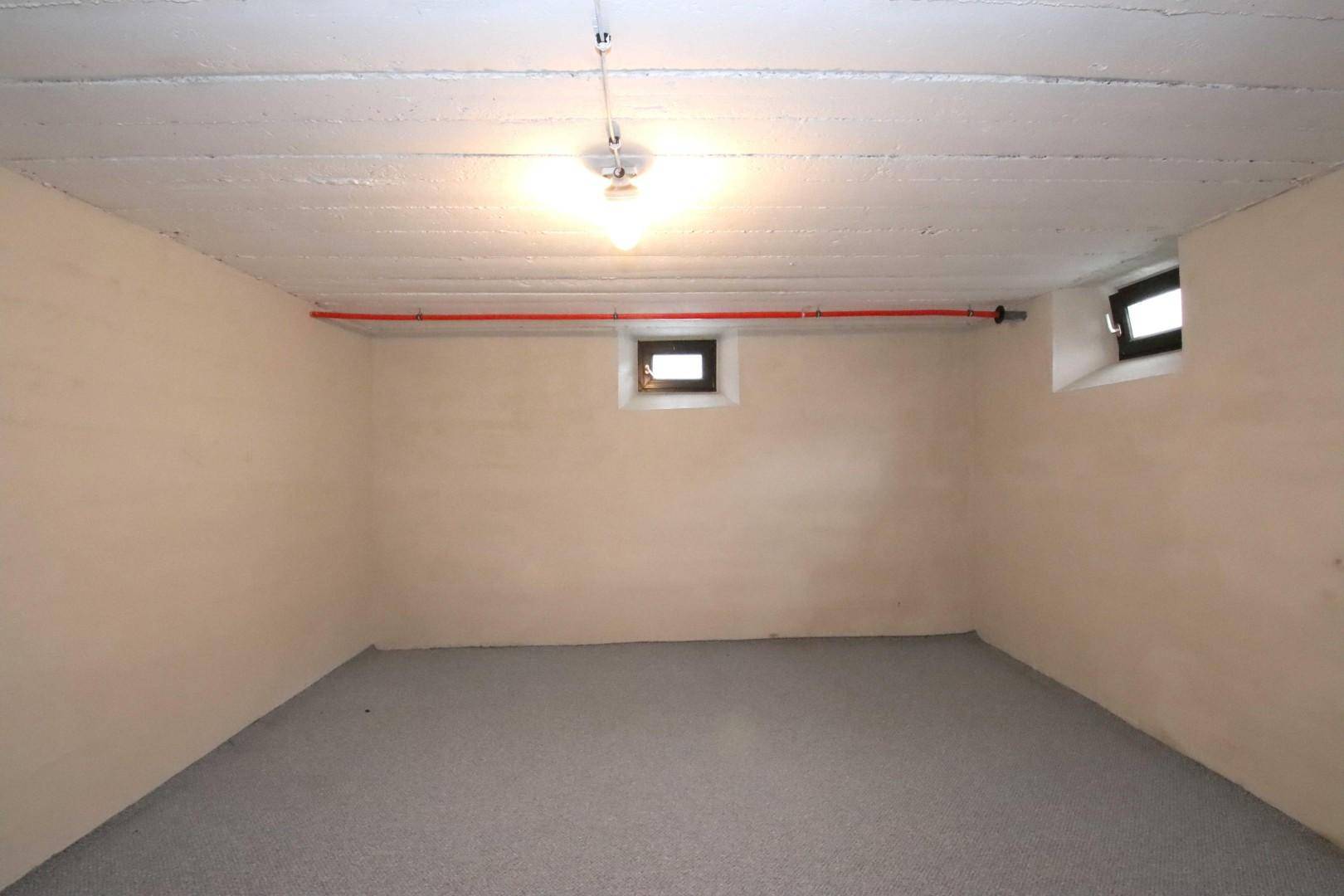 Geräumiger Kellerraum mit zwei kleinen Fenstern und einfacher Beleuchtung.