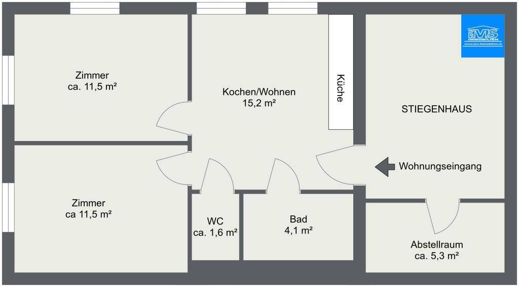 Grundriss einer Wohnung mit zwei Zimmern, offenem Wohnbereich und separatem WC.