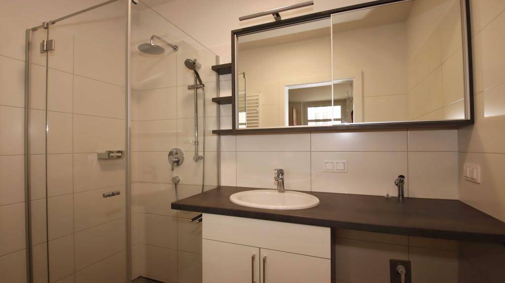 Modernes Badezimmer mit Duschkabine, Einzelwaschbecken und großem Spiegelschrank.