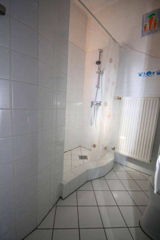 Geflieste Eckdusche mit transparenter Duschvorhang und Heizkörper in einem hellen Badezimmer.