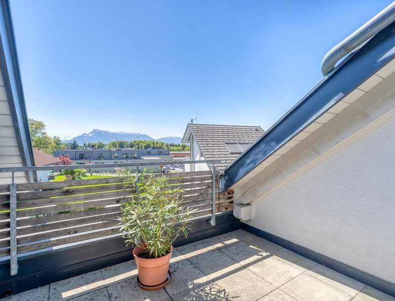 Dachterrasse mit Bergblick und einem Topf mit Pflanzen unter blauem Himmel.