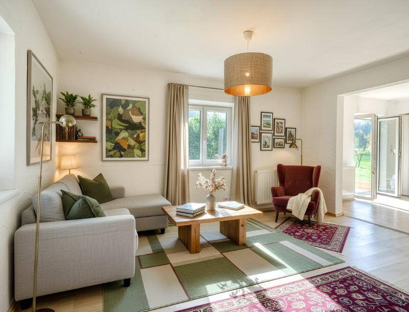 Helles Wohnzimmer mit gemütlichem Sofa, Sessel und Holzboden, dekoriert mit Bildern und Pflanzen.