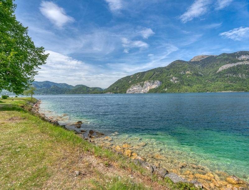 Klares, blaugrünes Seewasser mit felsigem Ufer und bewaldeten Bergen unter einem weiten Himmel.