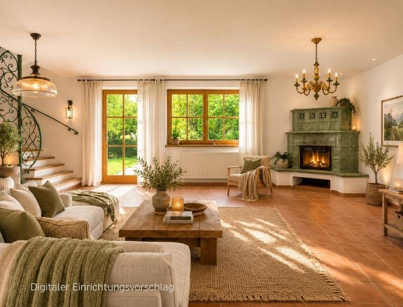 Gemütliches Wohnzimmer mit Kachelofen, Terrakottaboden und Blick ins Grüne.