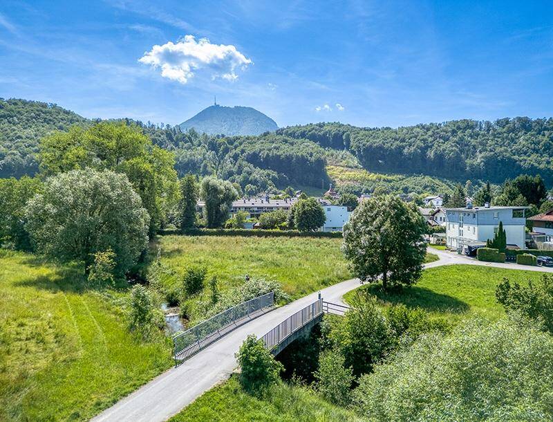 Malerische Landschaft mit Brücke über einen Bach, grünen Feldern und bewaldeten Bergen im Hintergrund.