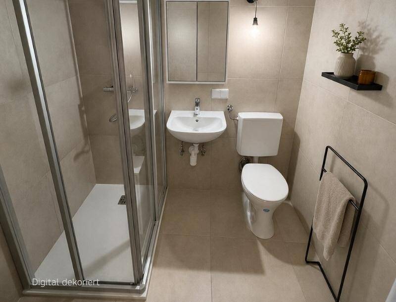 Kleines, modernes Badezimmer mit Duschkabine, WC, Waschbecken und Spiegelschrank.