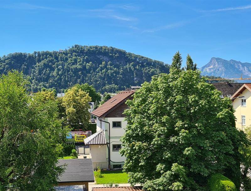 Weitblick über grüne Hügel und Dächer mit einem Berg im Hintergrund an einem sonnigen Tag.
