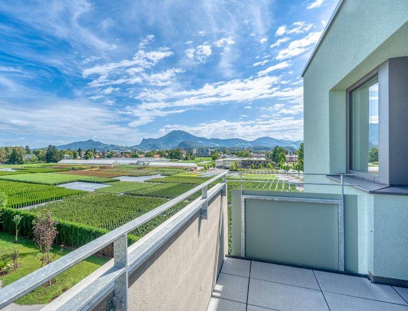 Balkon mit weitem Blick über grüne Felder und eine beeindruckende Berglandschaft.