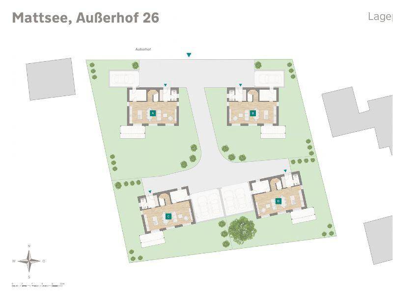 Übersichtsplan der Wohnanlage mit vier Häusern und deren Grundstücksaufteilung.