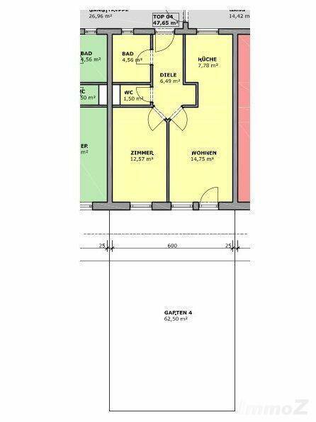 Grundriss einer Wohnung mit Wohnzimmer, Zimmer, Küche, Bad, WC und Gartenanteil.