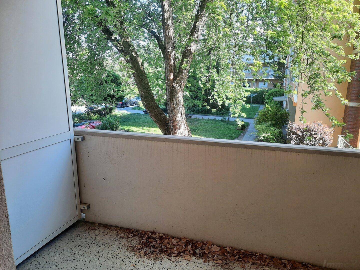 Blick von einem Balkon auf einen grünen Innenhof mit Bäumen und Rasenflächen.
