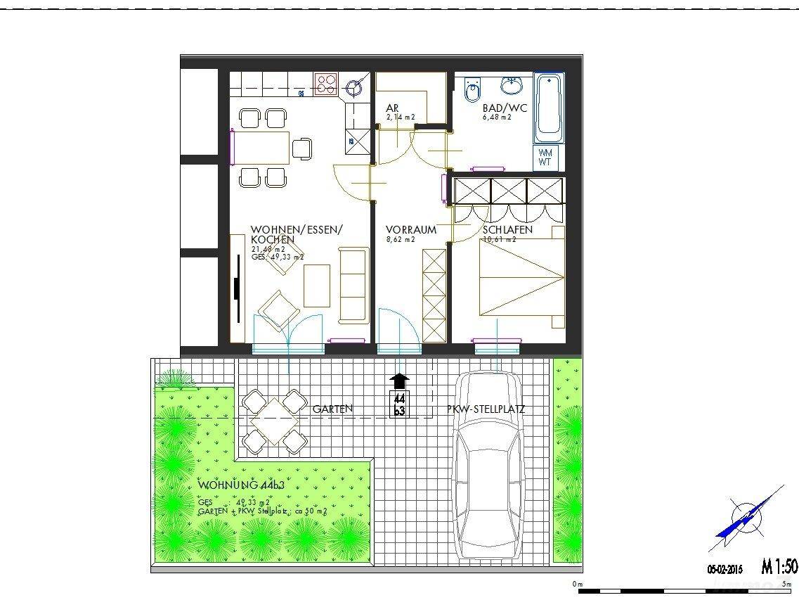 Grundriss einer Wohnung mit Wohn-/Ess-/Kochbereich, Schlafzimmer, Bad und Garten.