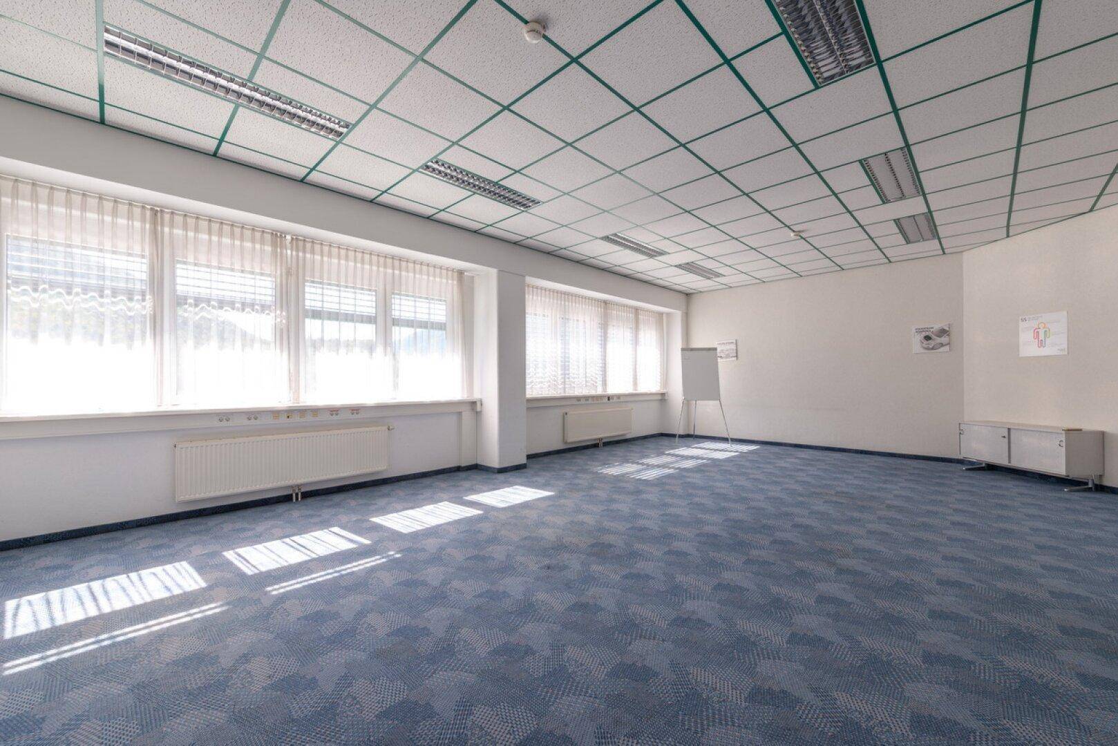 Geräumiger Bürobereich mit blauer Teppichboden, großen Fenstern und viel natürlichem Licht.