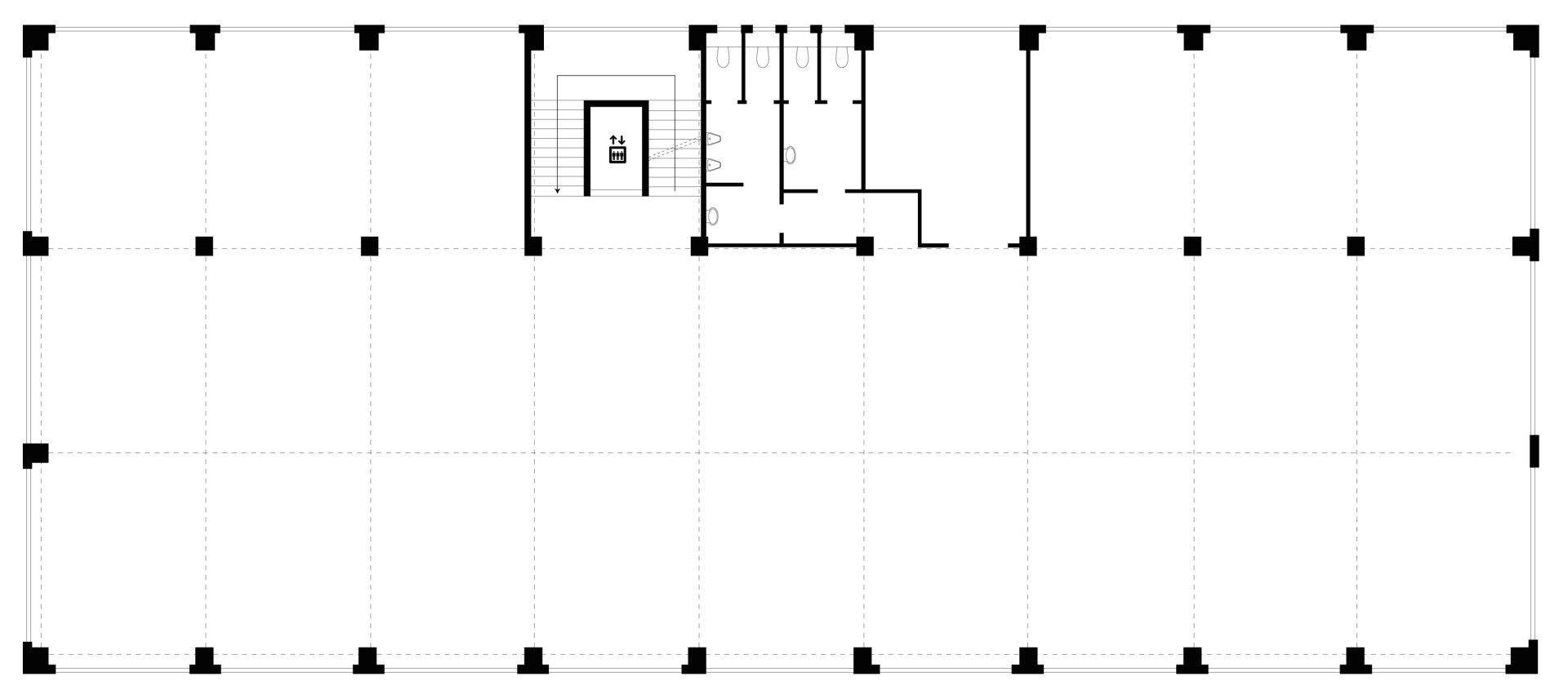 Grundrissplan einer Etage mit zentralem Kernbereich und flexiblen offenen Flächen.