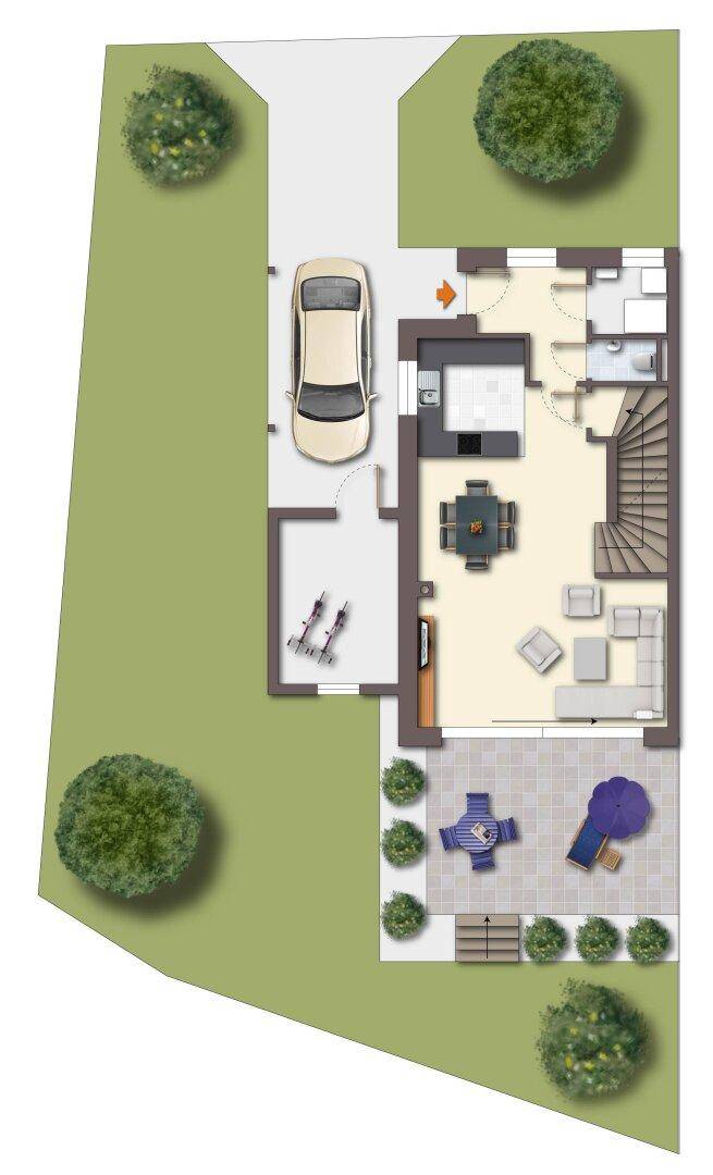 Grundriss des Erdgeschosses mit offenem Wohnbereich, Küche, WC und Terrasse.