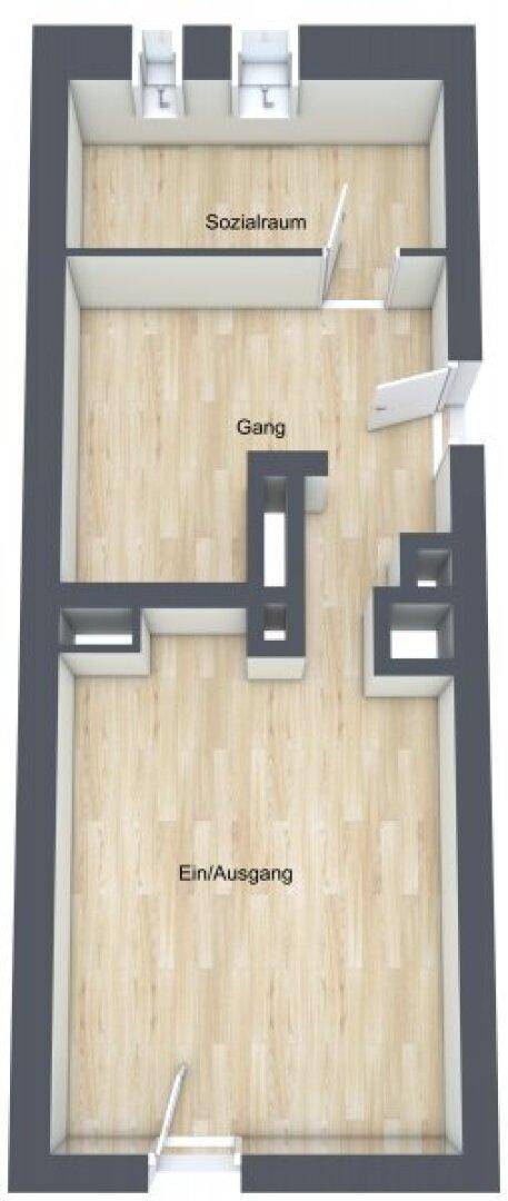 Dreidimensionaler Grundriss des Geschäftslokals mit Eingangsbereich, Gang und Sozialraum.