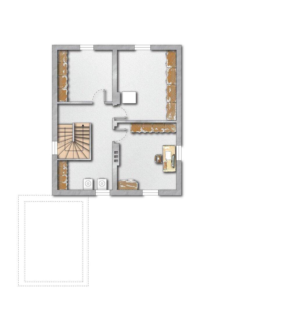 Grundriss des Dachgeschosses mit Stauraum und potentiellem Ausbau.