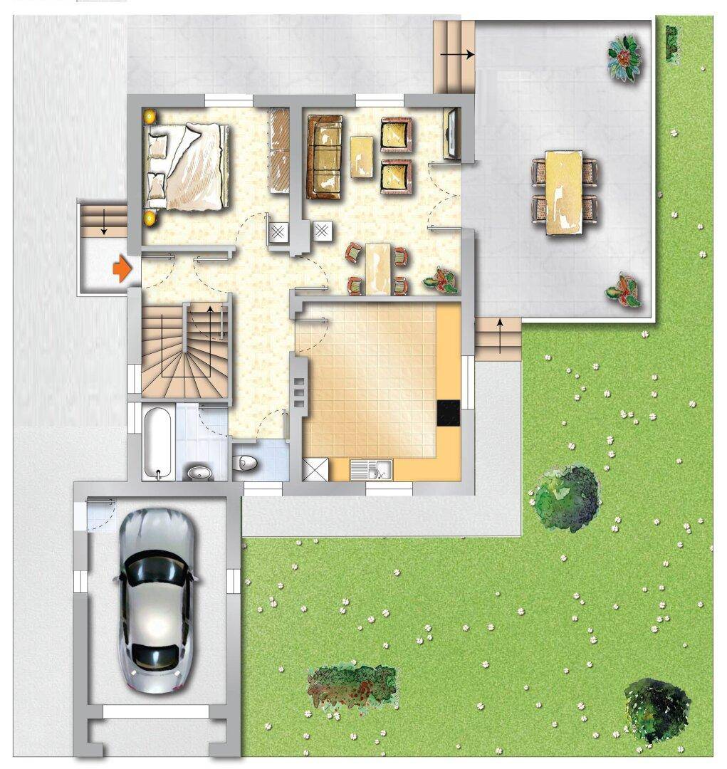 Detaillierter Grundriss des Erdgeschosses mit Garage, Wohnbereich und Terrasse.