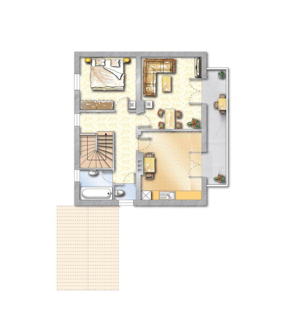 Grundriss des Obergeschosses mit Schlafzimmern, Bad und Balkon.